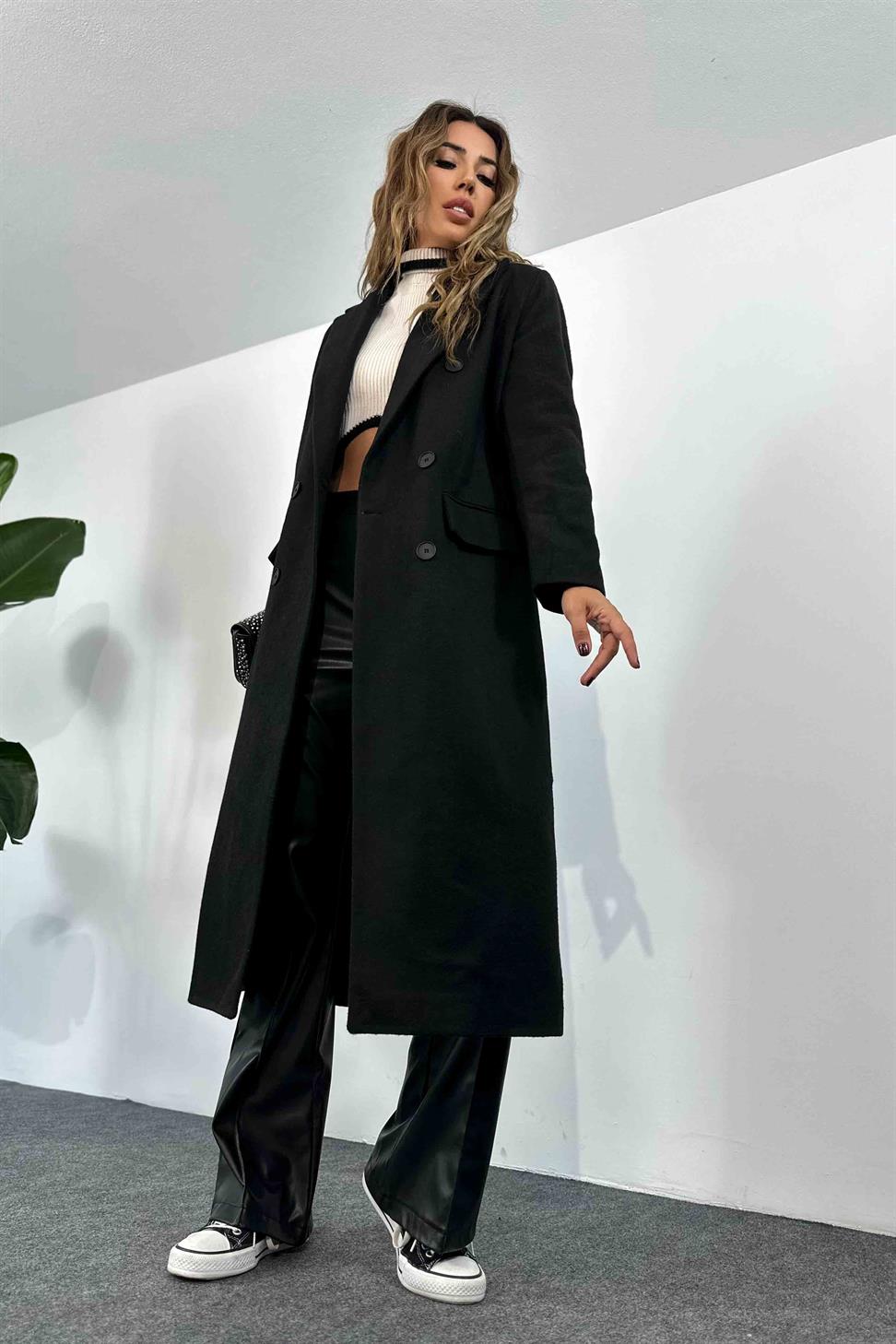 Akrilik Kaşe Kumaş Astarlı Uzun Kadın Kaban Siyah