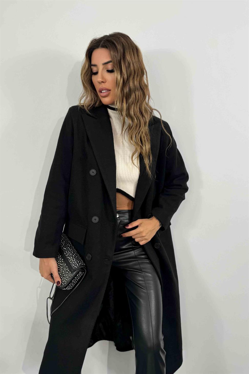 Akrilik Kaşe Kumaş Astarlı Uzun Kadın Kaban Siyah