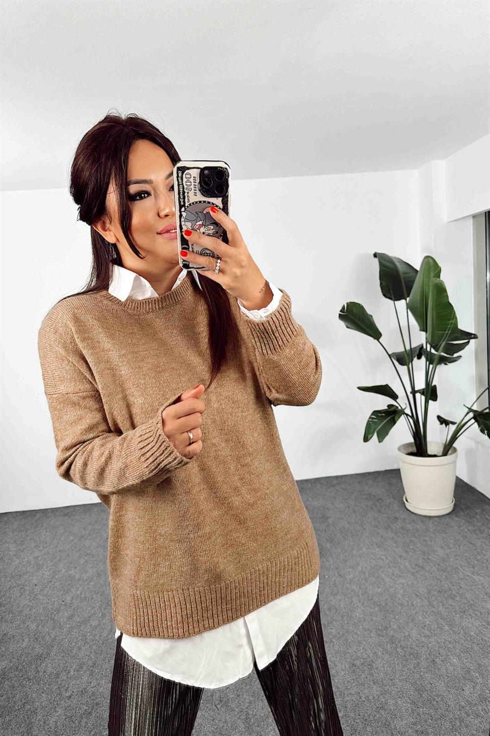 Örme Bisiklet Yaka Oversize Kadın Kazak Camel