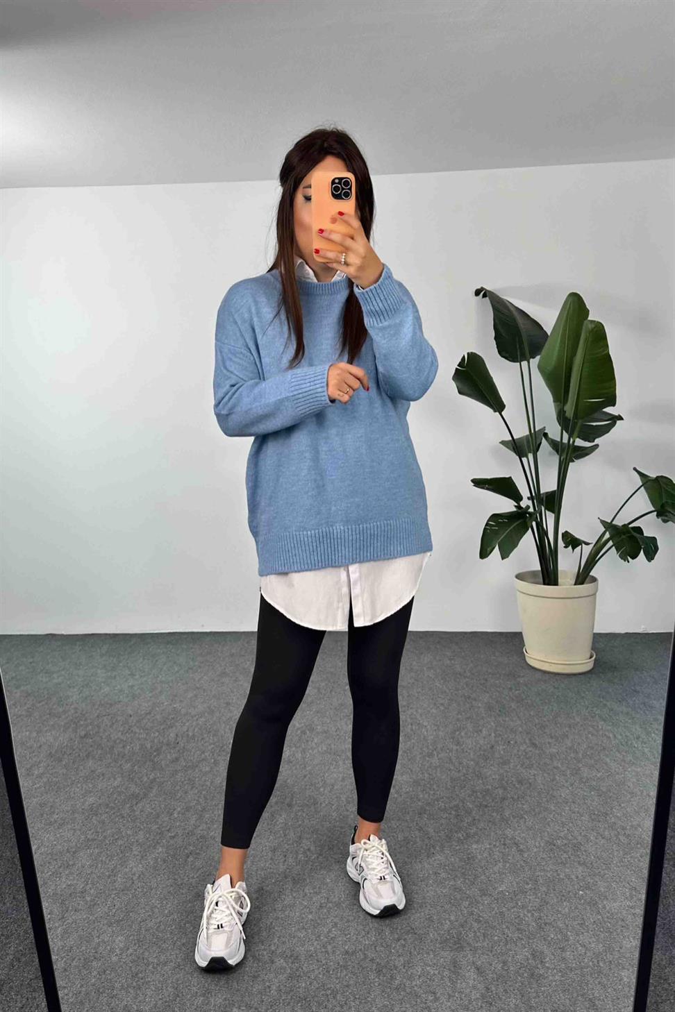 Örme Bisiklet Yaka Oversize Kadın Kazak Bebe Mavisi