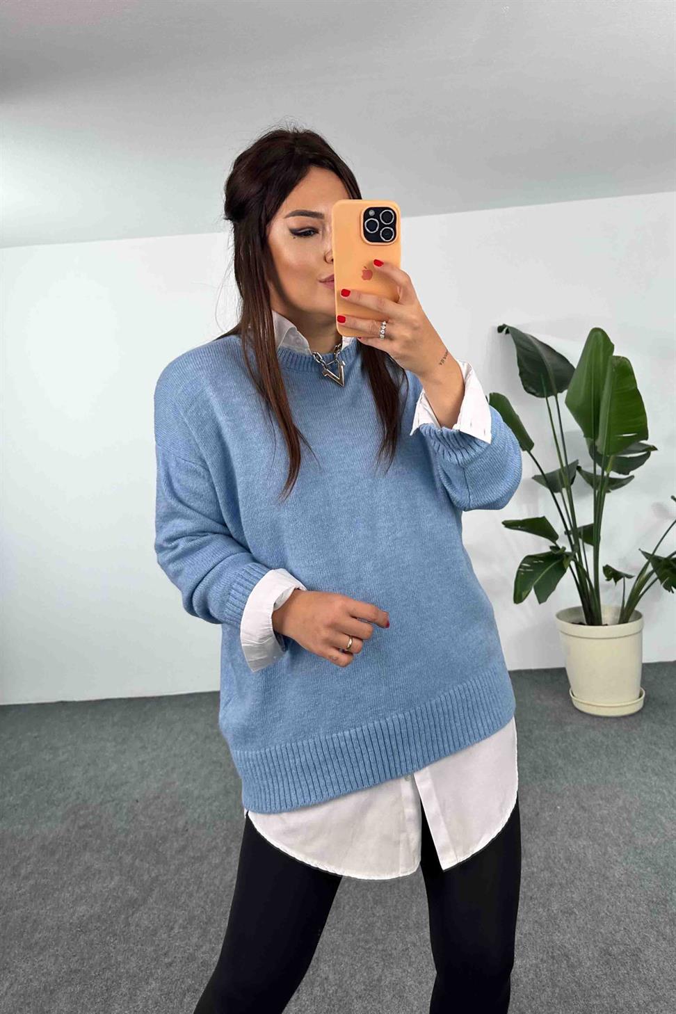 Örme Bisiklet Yaka Oversize Kadın Kazak Bebe Mavisi