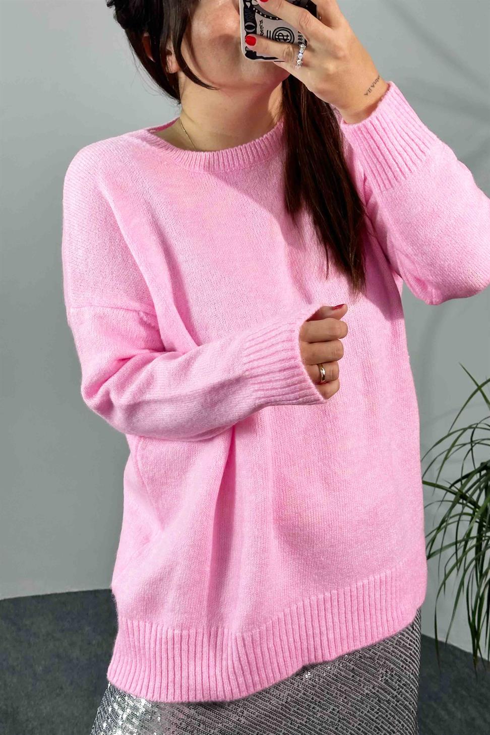 Örme Bisiklet Yaka Oversize Kadın Kazak Toz Pembe