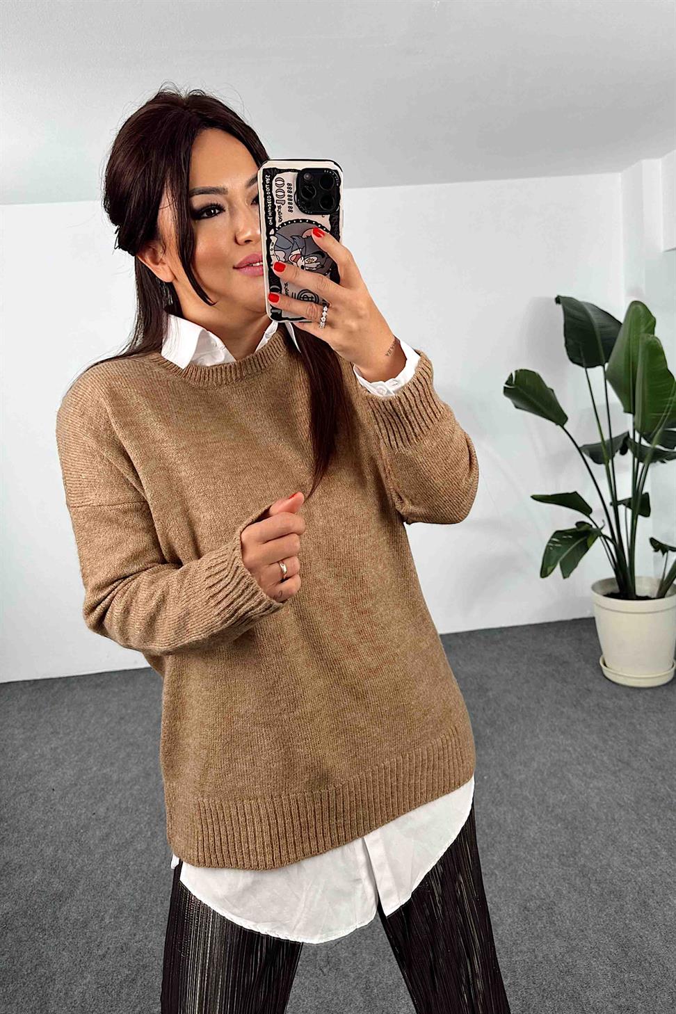 Örme Bisiklet Yaka Oversize Kadın Kazak Camel