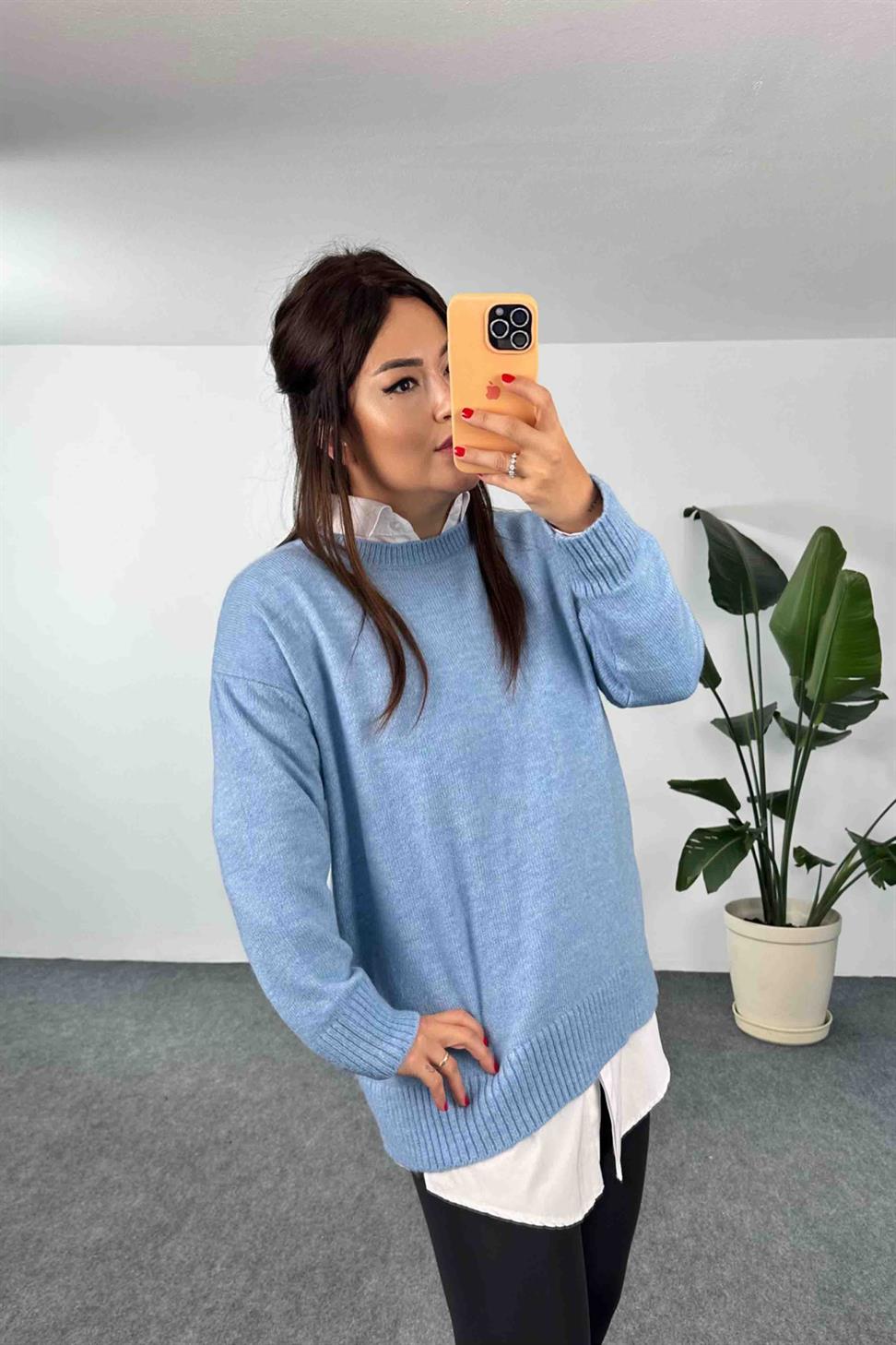 Örme Bisiklet Yaka Oversize Kadın Kazak Bebe Mavisi