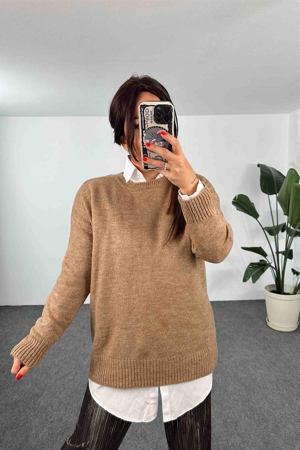 Örme Bisiklet Yaka Oversize Kadın Kazak Camel