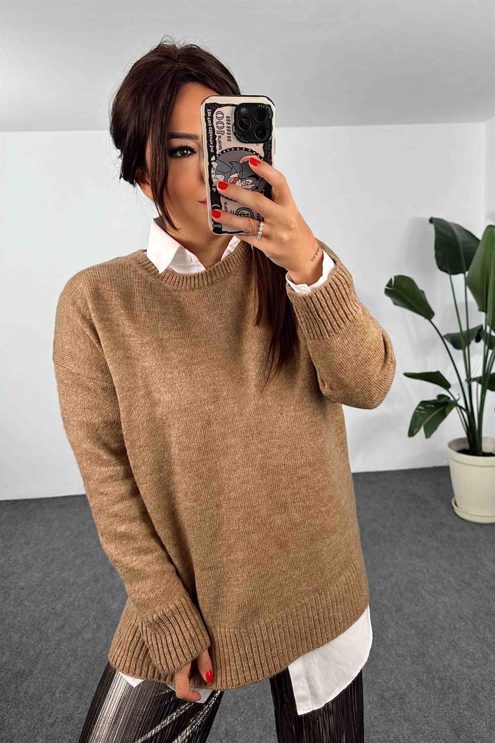 Örme Bisiklet Yaka Oversize Kadın Kazak Camel