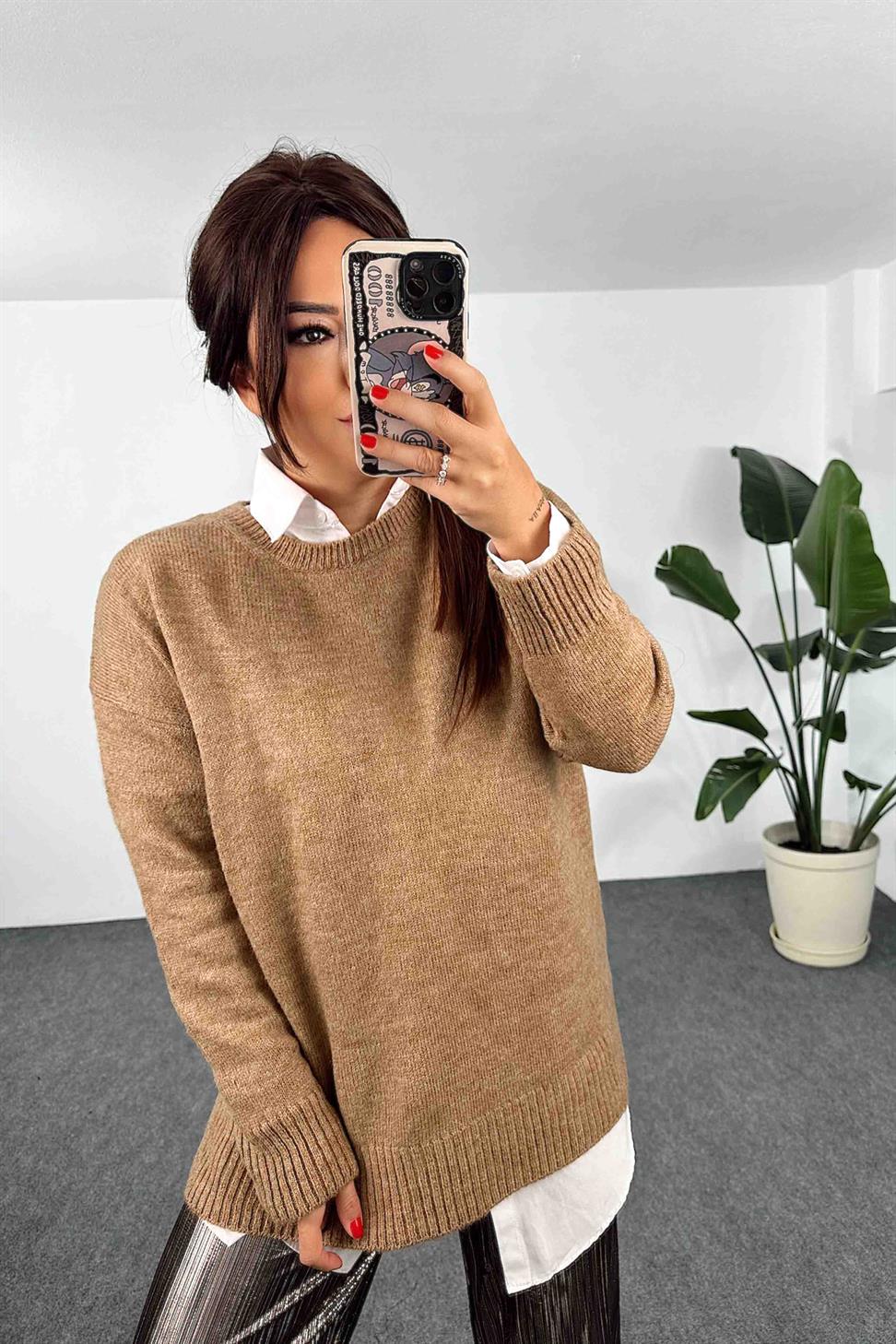Örme Bisiklet Yaka Oversize Kadın Kazak Camel