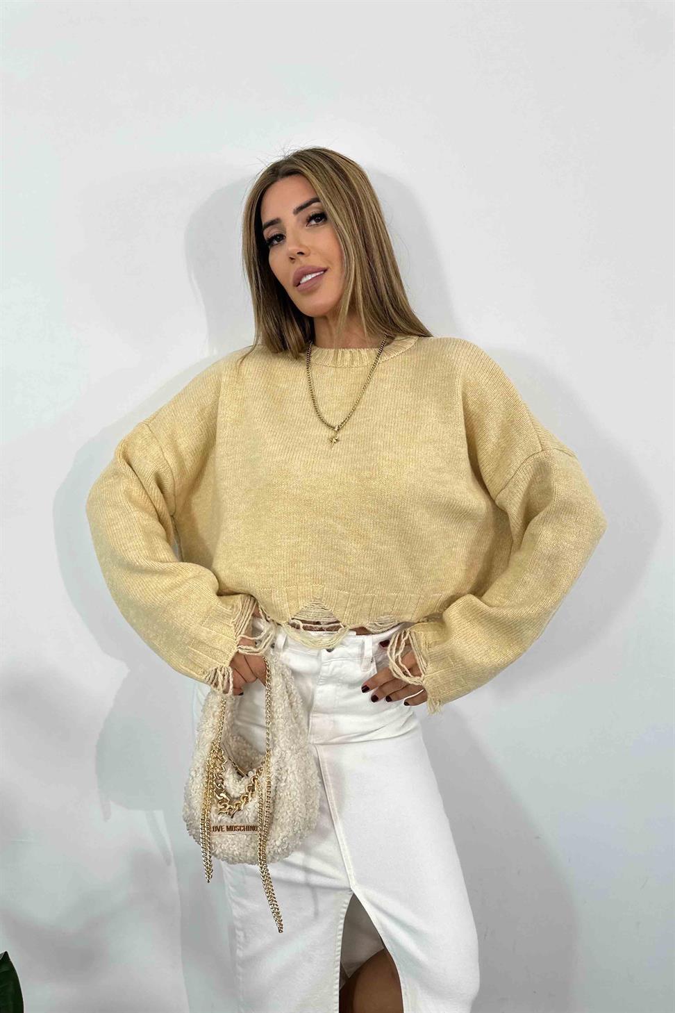 Akrilik Örme Crop Kazak Bej