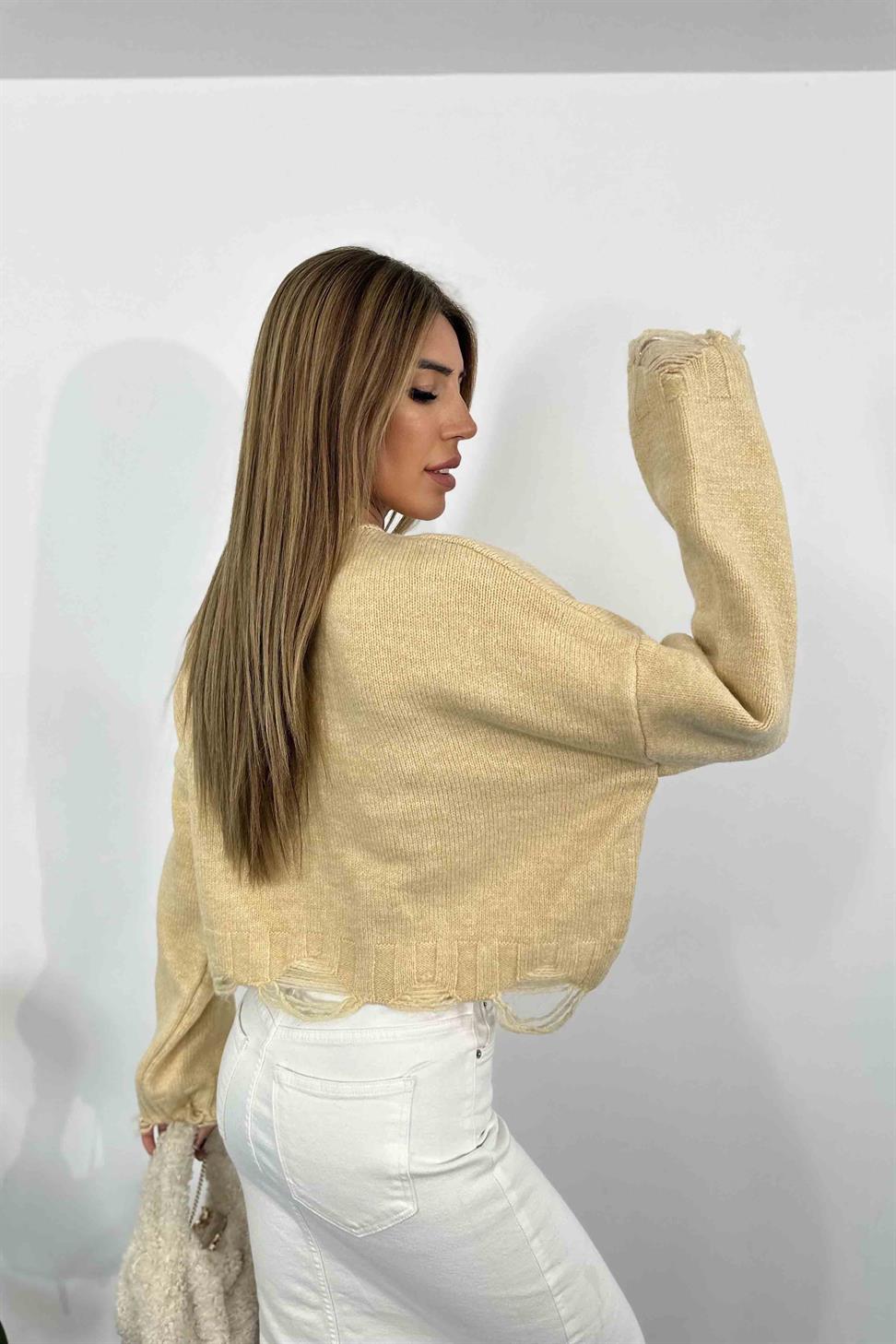 Akrilik Örme Crop Kazak Bej
