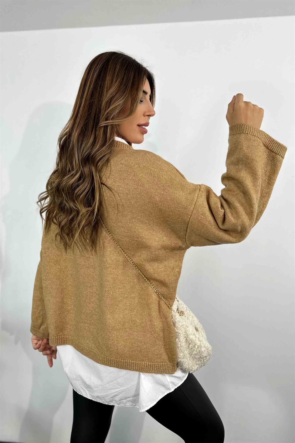 Bisiklet Yaka Geniş Kol Basic Kazak Camel