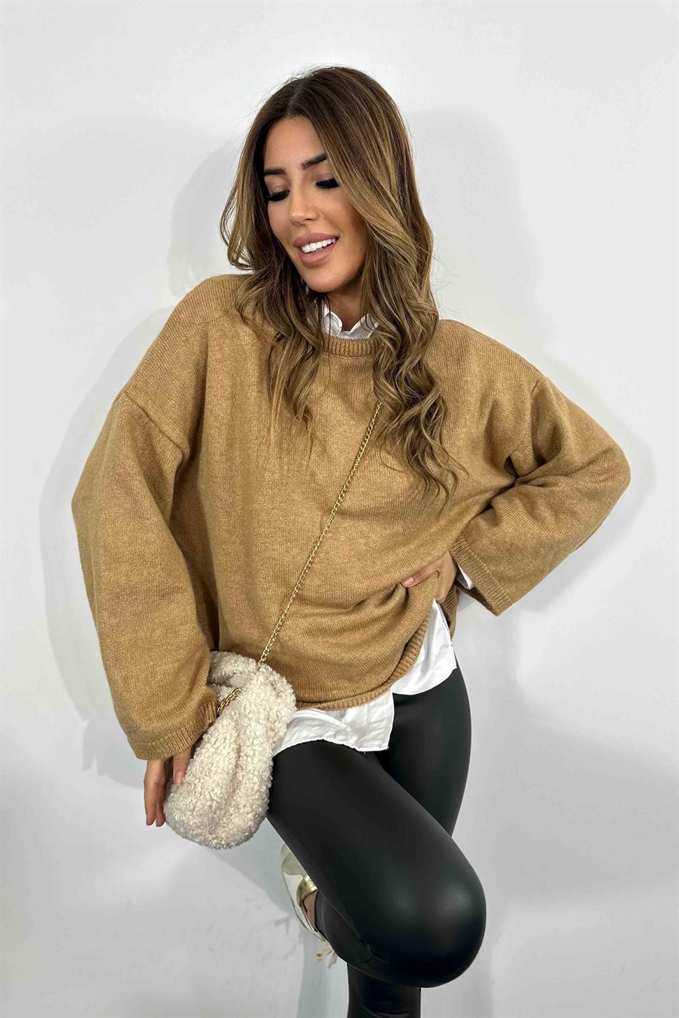 Bisiklet Yaka Geniş Kol Basic Kazak Camel