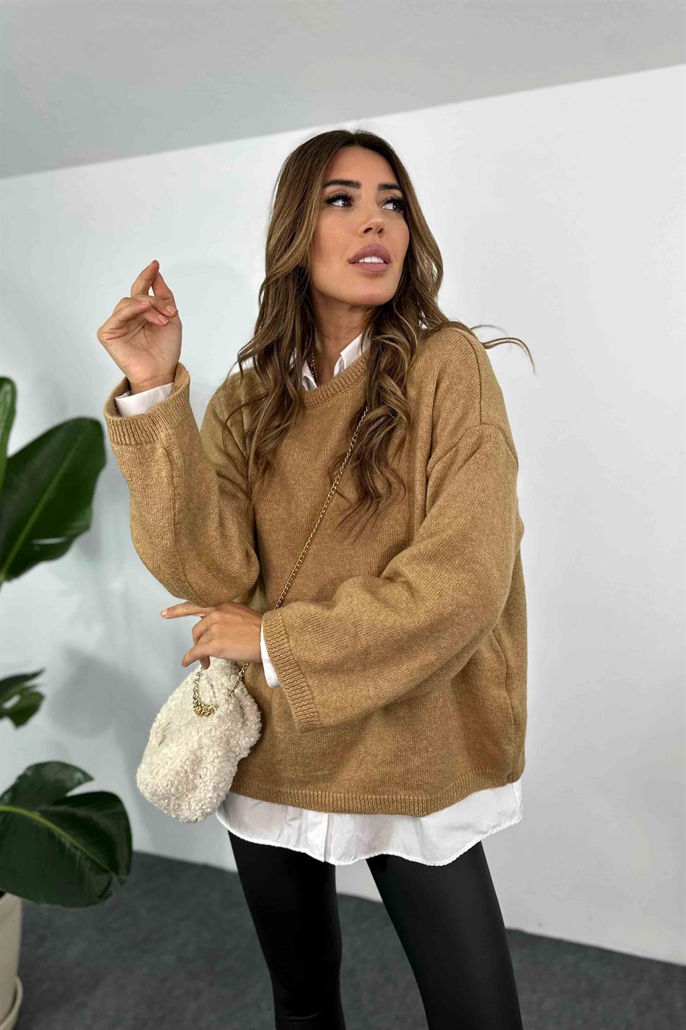 Bisiklet Yaka Geniş Kol Basic Kazak Camel