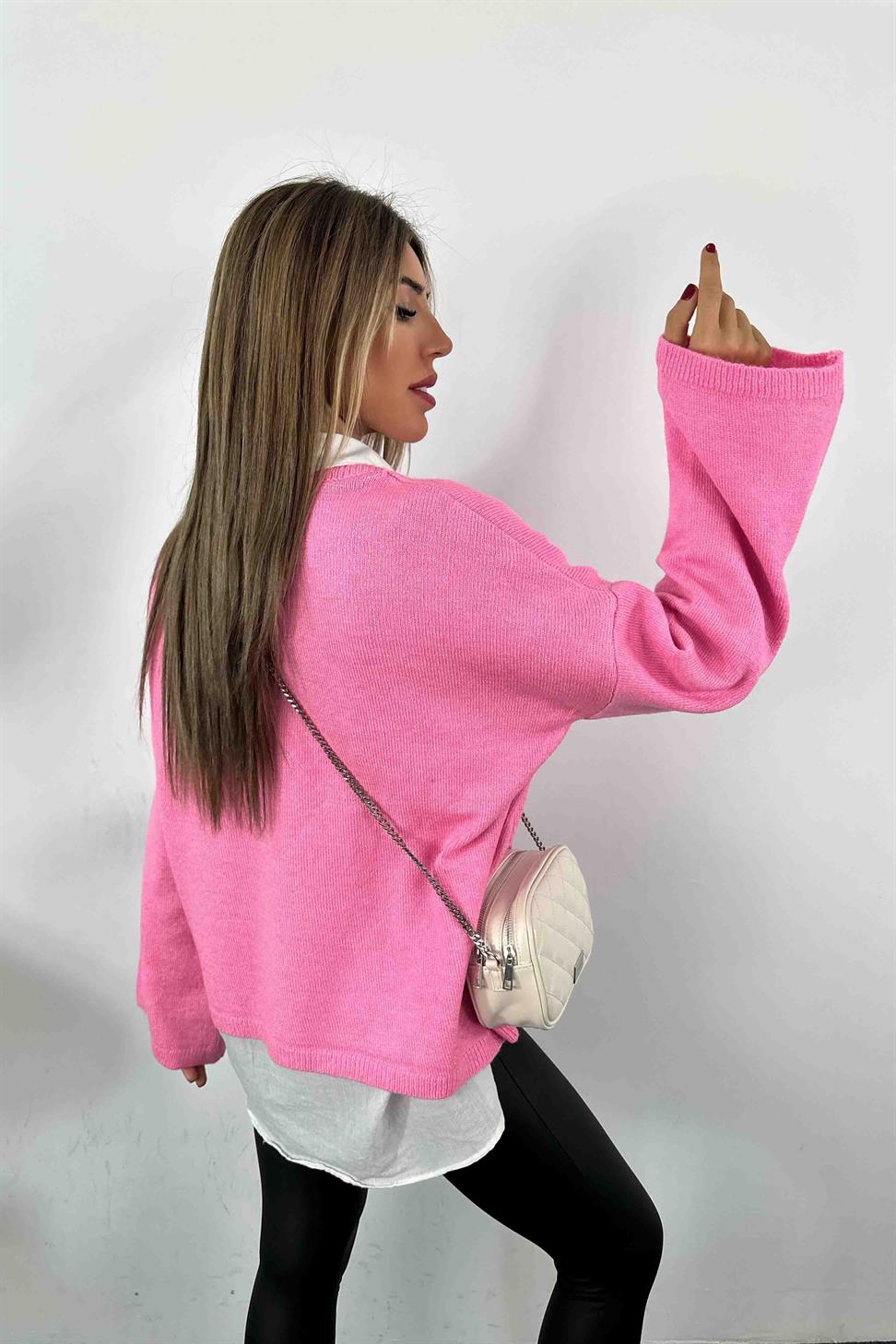 Bisiklet Yaka Geniş Kol Basic Kazak Pembe
