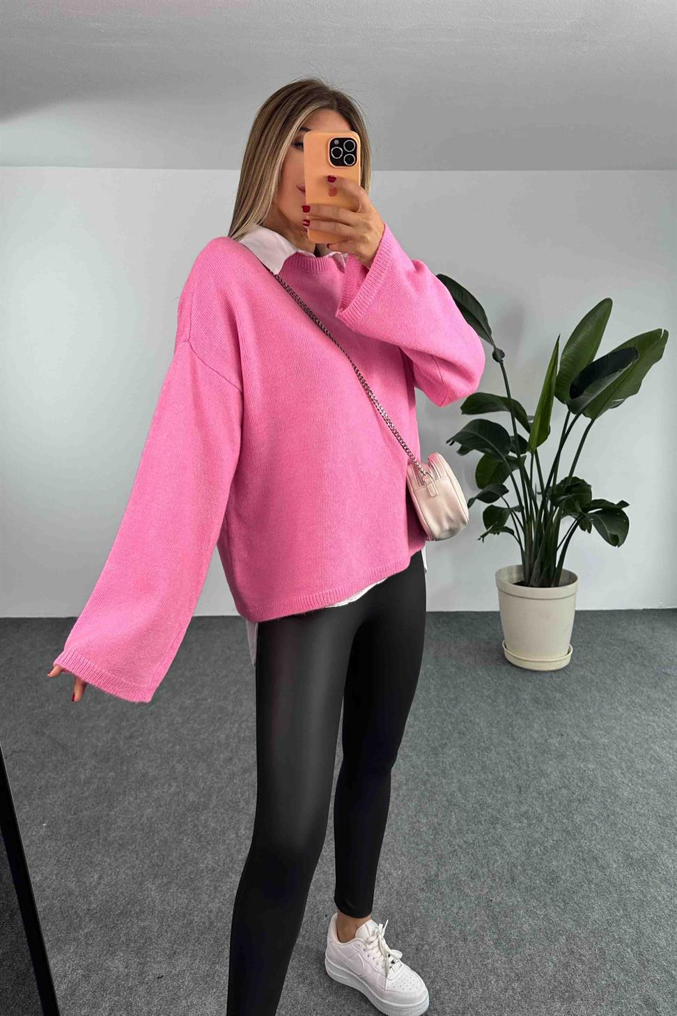Bisiklet Yaka Geniş Kol Basic Kazak Pembe