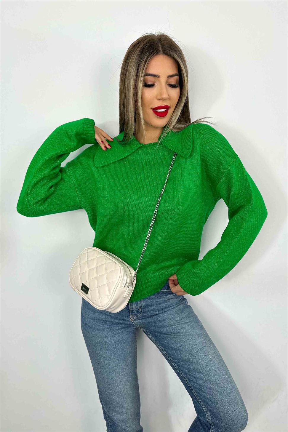 Orjinal Model Polo Yaka Kadın Kazak Yeşil
