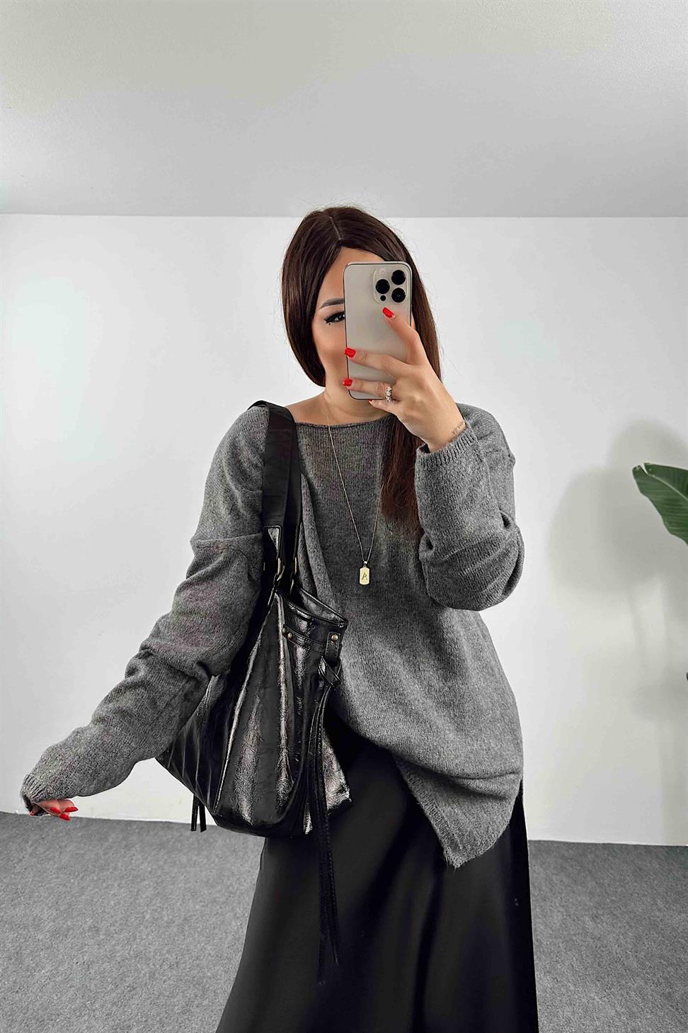 Uzun Kollu Oversize Kadın Triko Kazak Gri