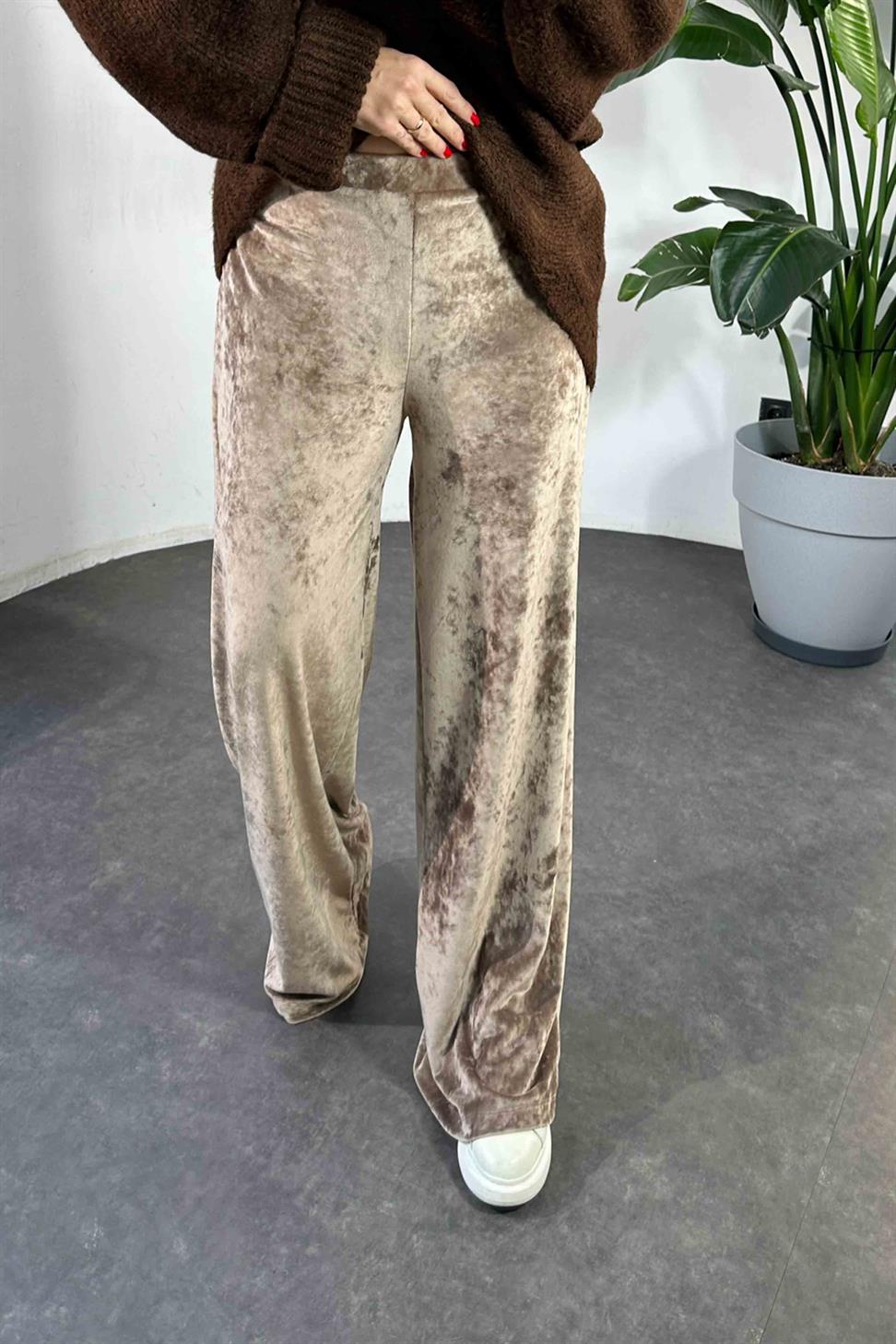 Alaca Dokulu Kadife Palazzo Pantolon Vizon