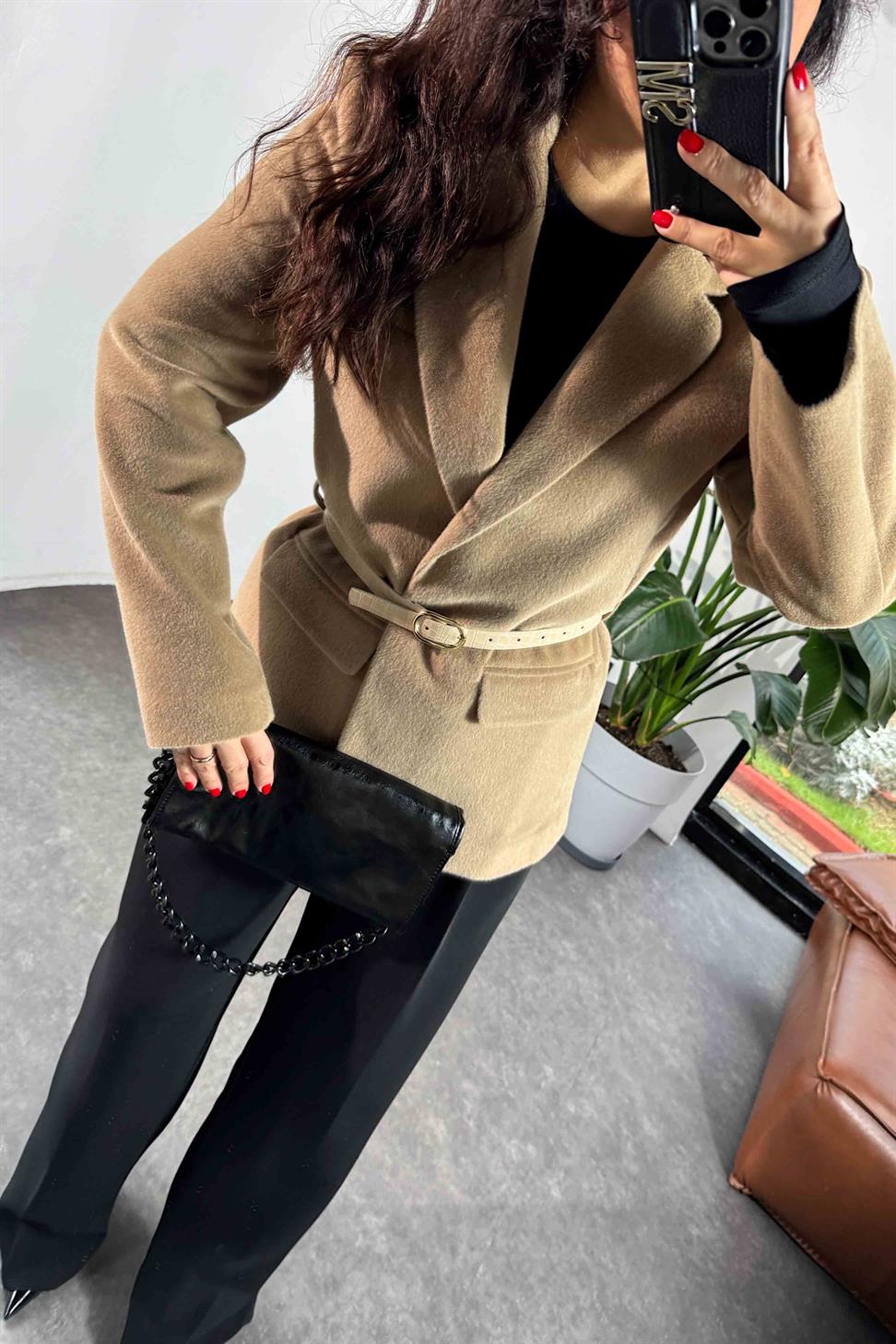 Alpaka Kürk Görünümlü Blazer Ceket Camel