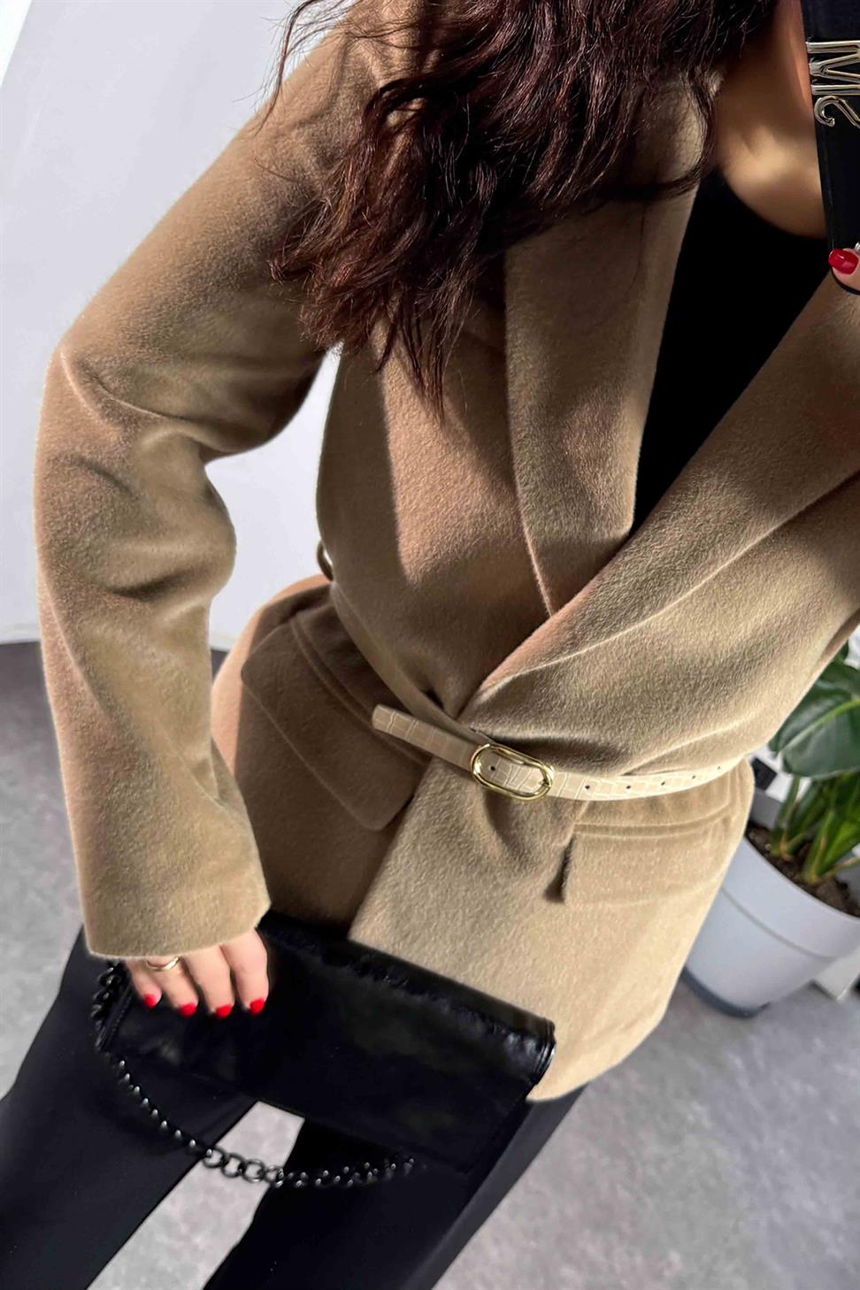 Alpaka Kürk Görünümlü Blazer Ceket Camel