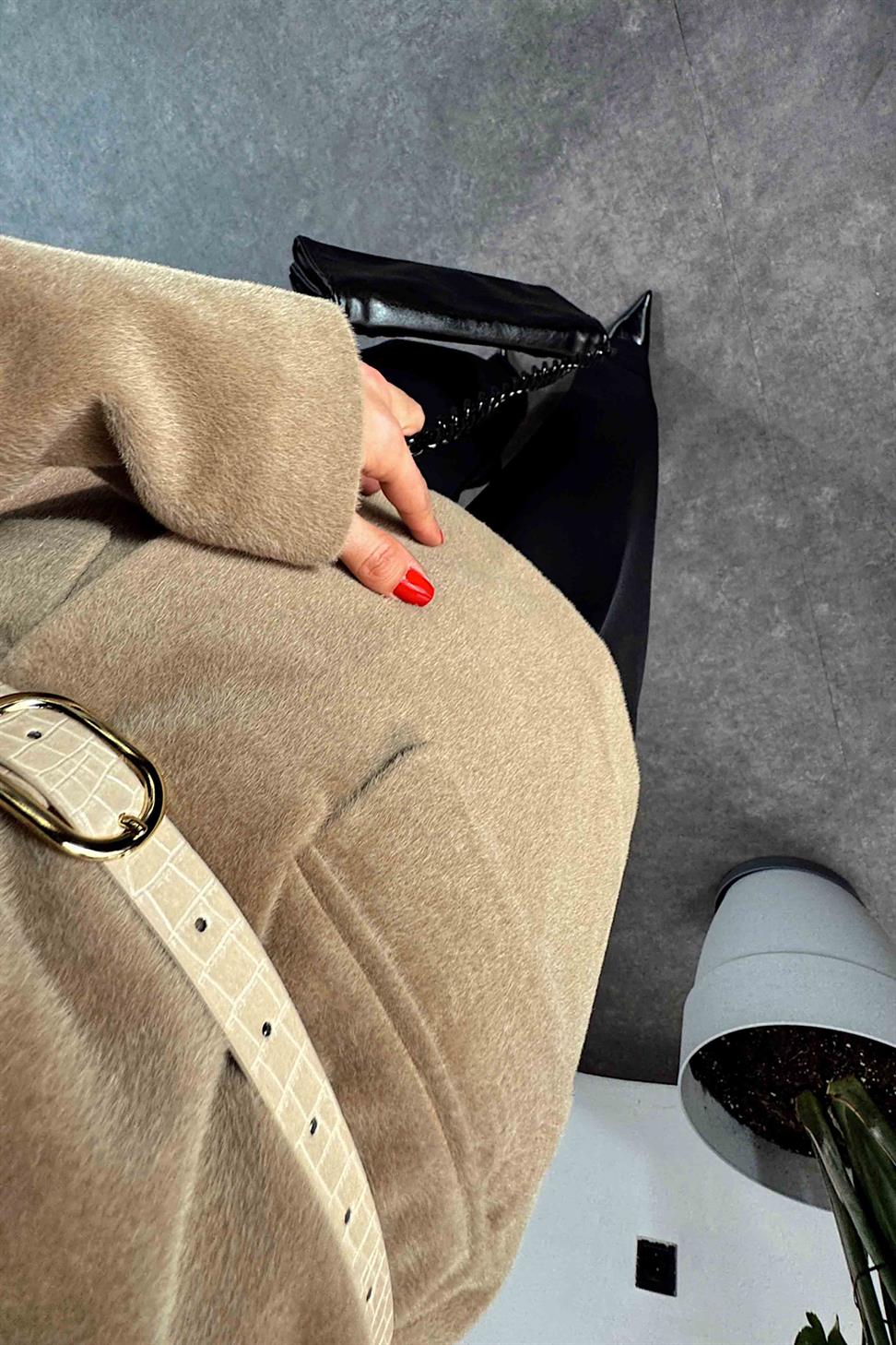 Alpaka Kürk Görünümlü Blazer Ceket Camel