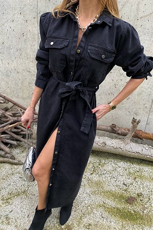 Antrasit Denim Cepli Ve Kuşak Detay Tasarım Jean Elbise