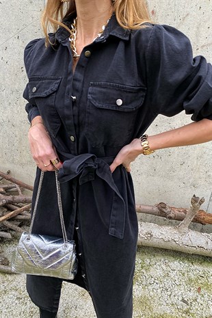 Antrasit Denim Cepli Ve Kuşak Detay Tasarım Jean Elbise