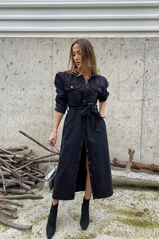 Antrasit Denim Cepli Ve Kuşak Detay Tasarım Jean Elbise
