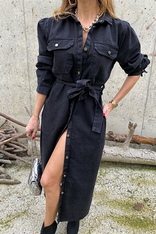 Antrasit Denim Cepli Ve Kuşak Detay Tasarım Jean Elbise