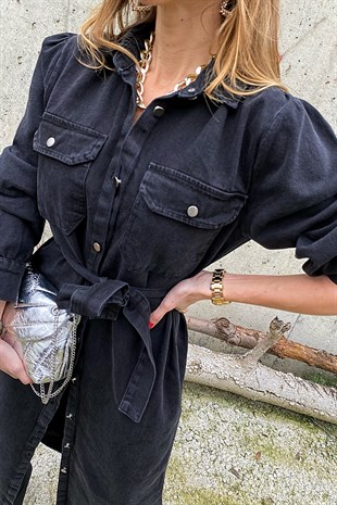 Antrasit Denim Cepli Ve Kuşak Detay Tasarım Jean Elbise