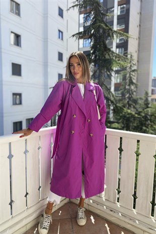 Astarlı Su Tutmaz Uzun Trençkot Mor