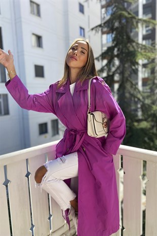 Astarlı Su Tutmaz Uzun Trençkot Mor