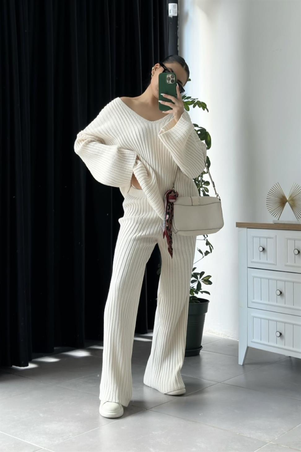 Atkılı Triko Takım Ekru