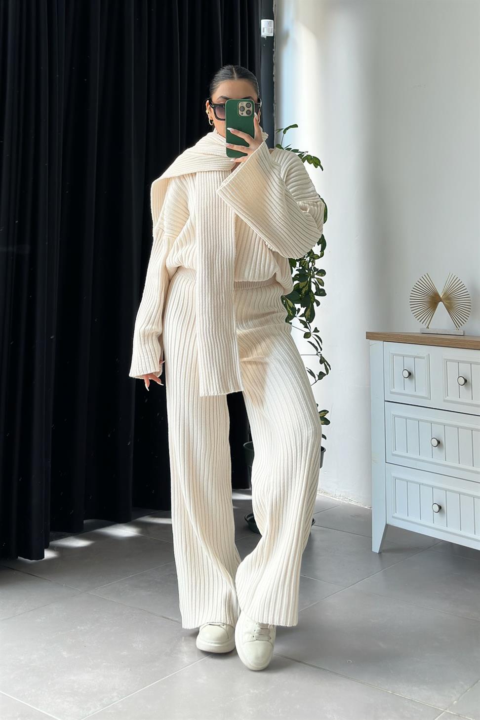 Atkılı Triko Takım Ekru