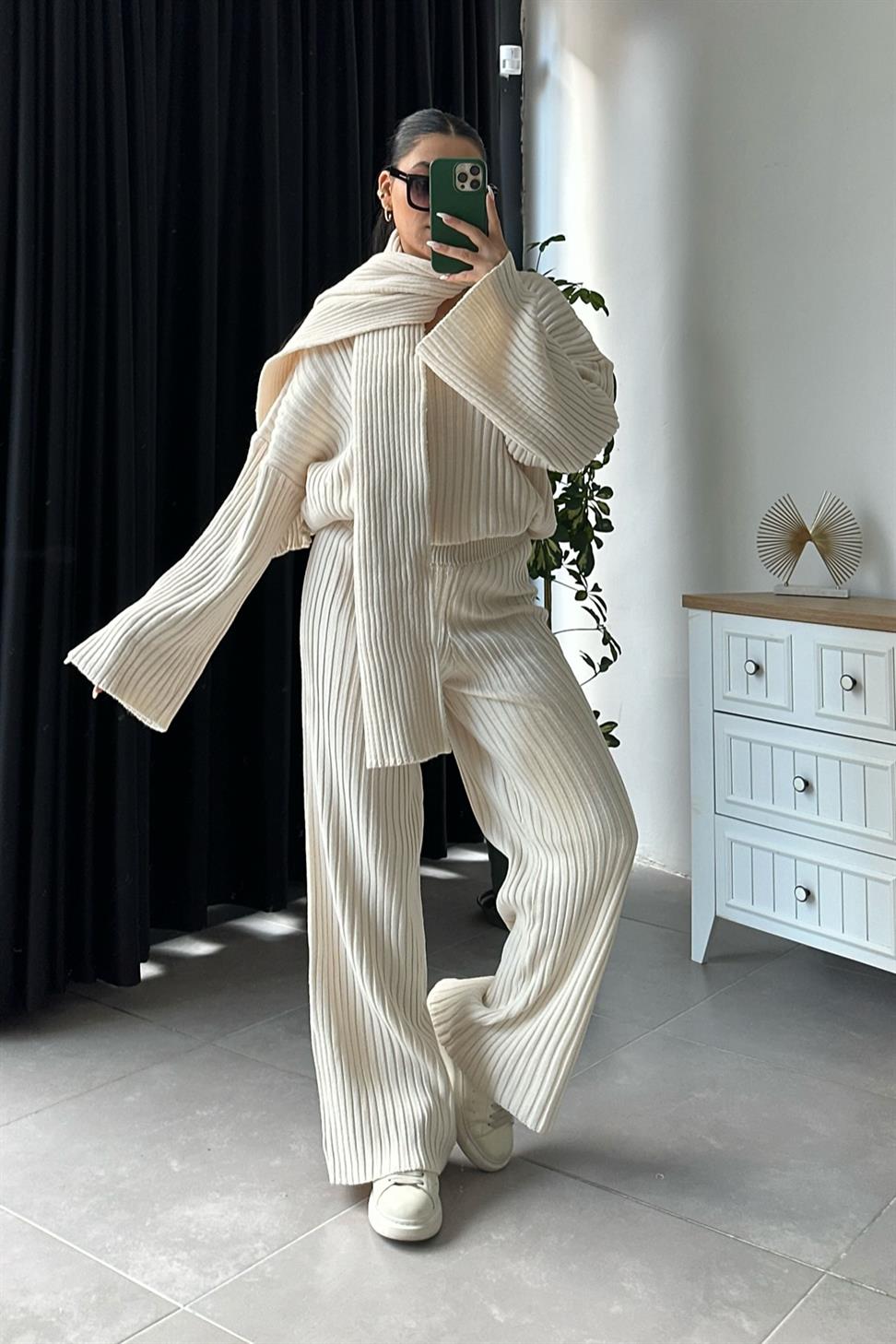 Atkılı Triko Takım Ekru