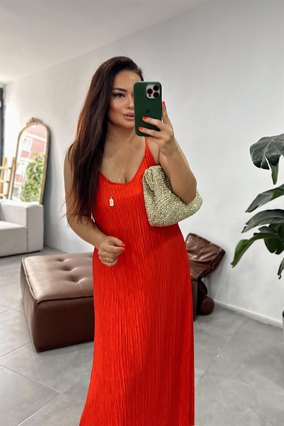 Ayarlanabilir Askılı Likralı Krinkıl Elbise Nar Çiçeği