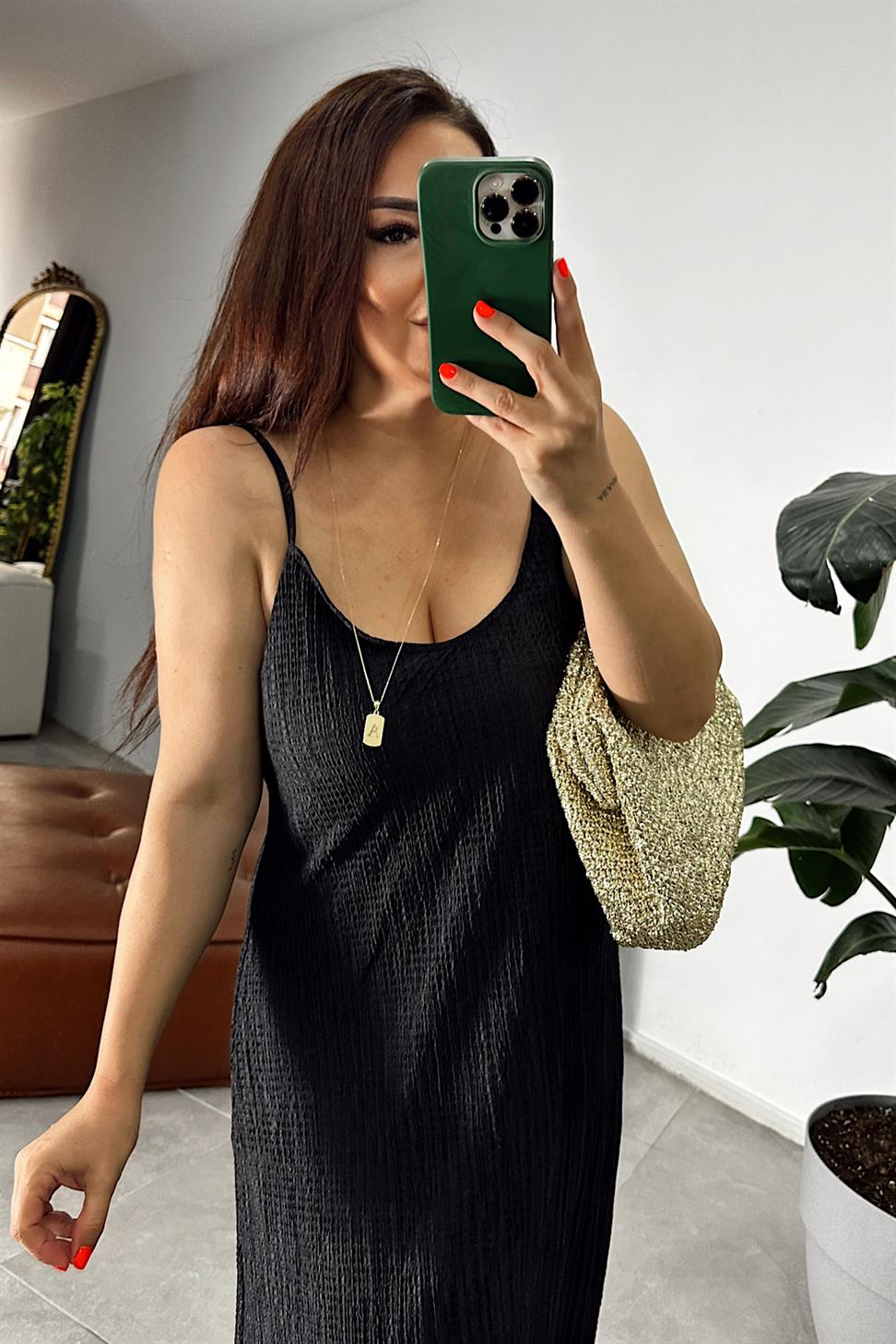 Ayarlanabilir Askılı Likralı Krinkıl Elbise Siyah