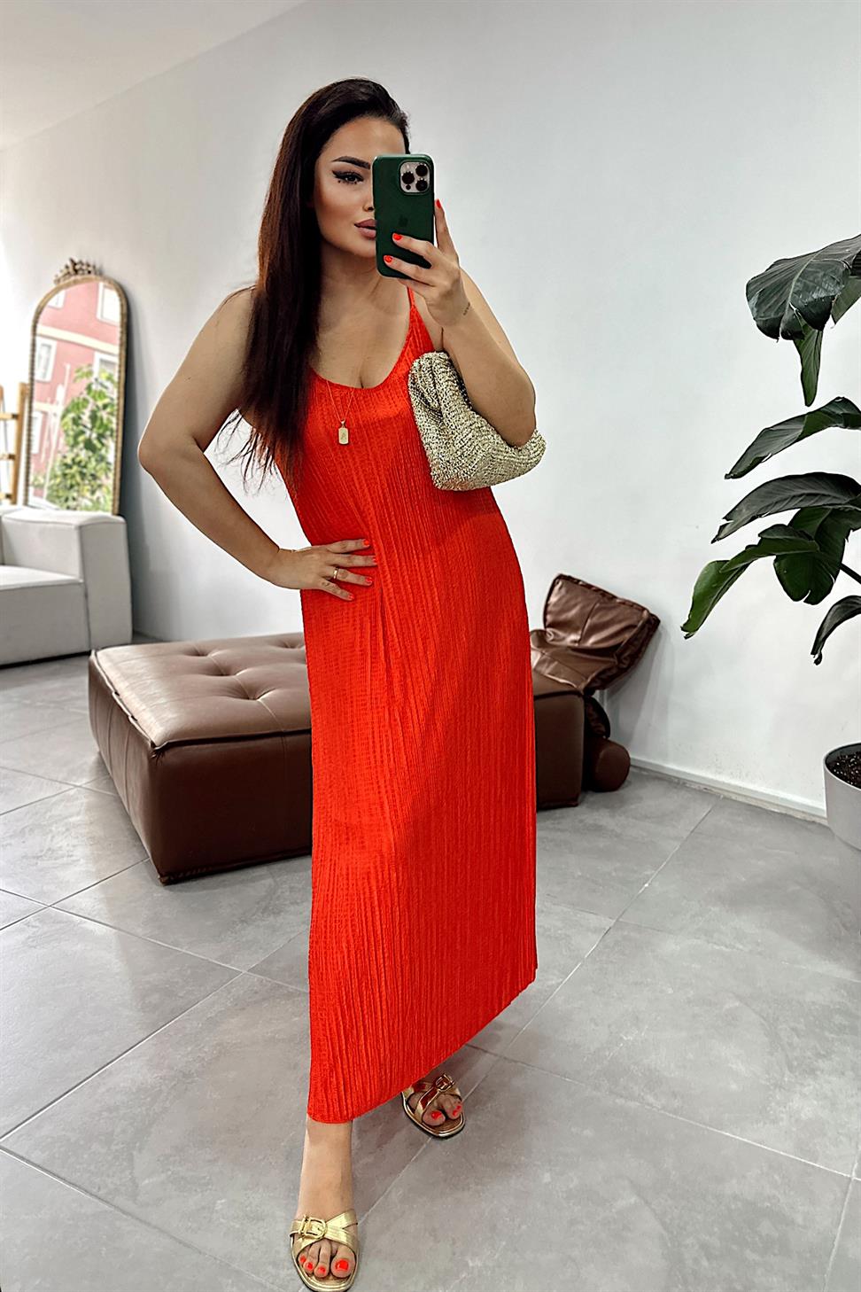 Ayarlanabilir Askılı Likralı Krinkıl Elbise Nar Çiçeği