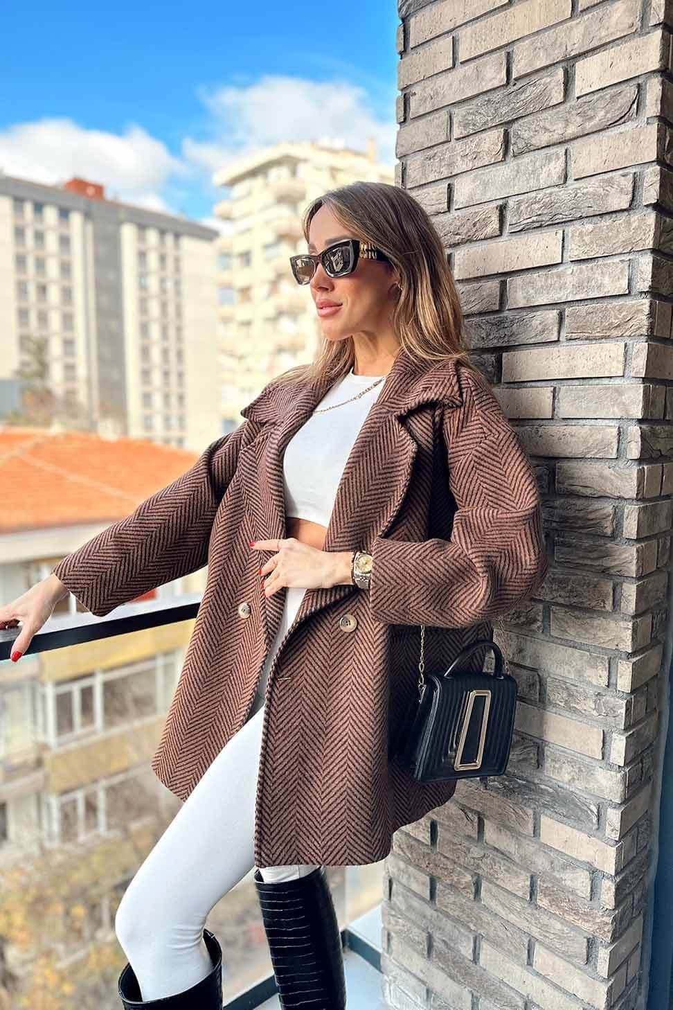 Balık Sırtı Desen Kaban Acı Kahve