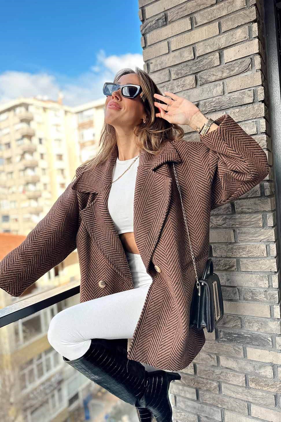 Balık Sırtı Desen Kaban Acı Kahve