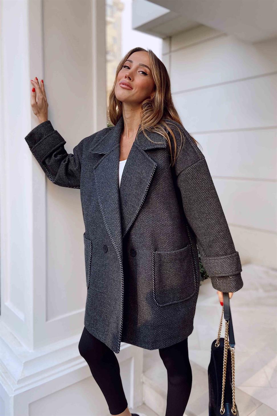 Balık Sırtı Desen Kadın Kaban Antrasit