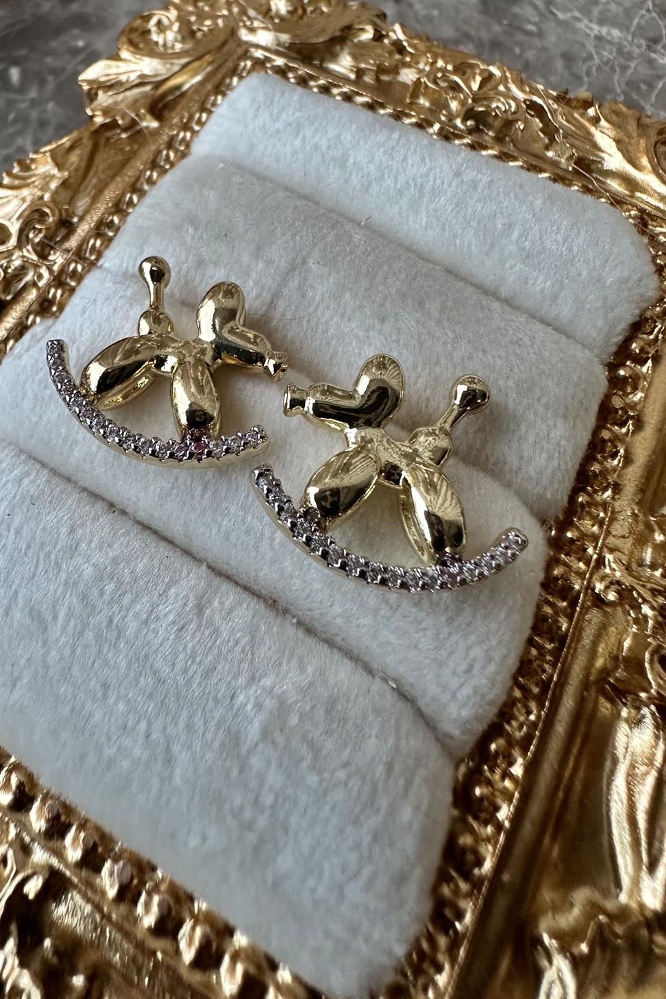 Balloon Dog Zirkon Taşlı Gold Küpe