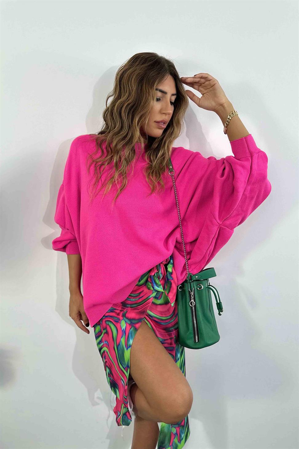 Balon Kol Oversize Triko Kadın Kazak Neon Pembe
