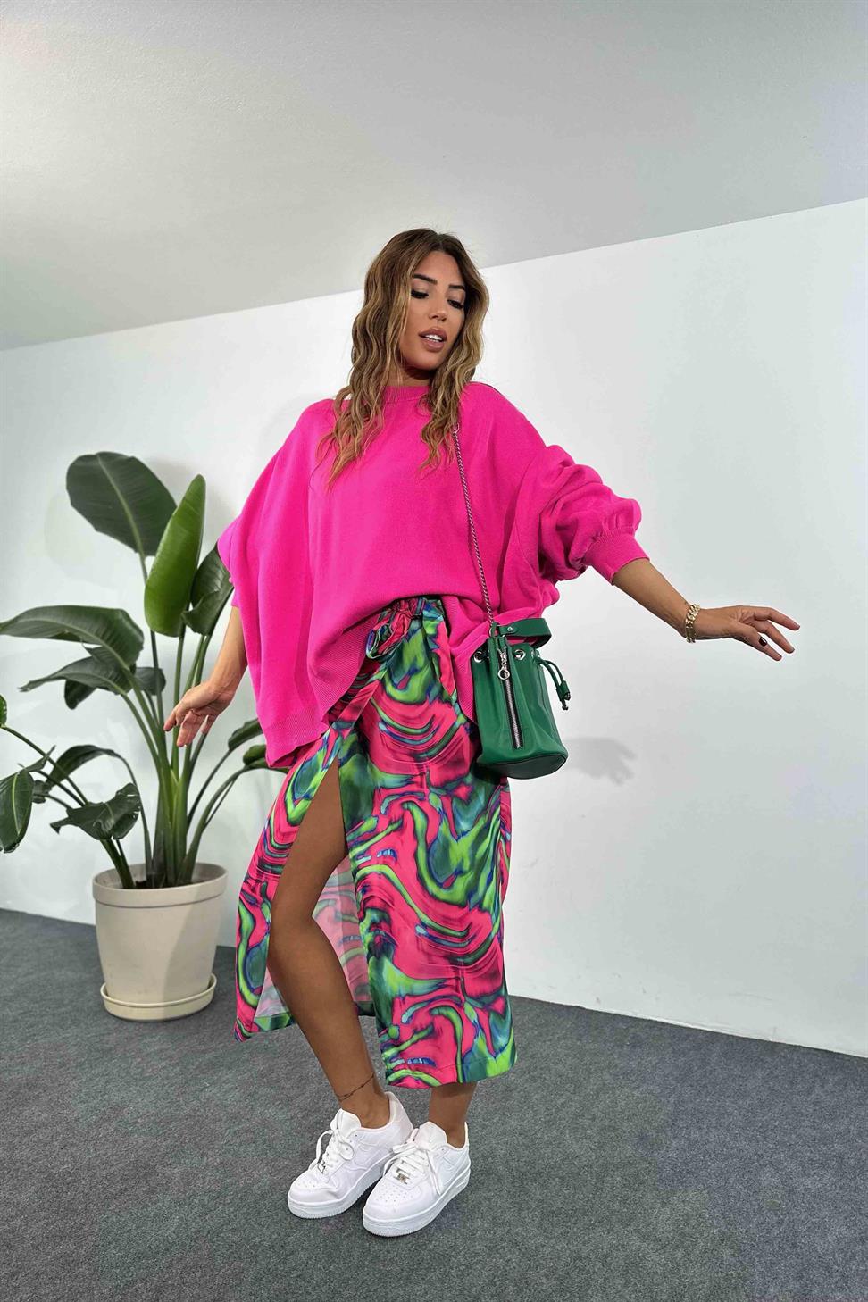 Balon Kol Oversize Triko Kadın Kazak Neon Pembe