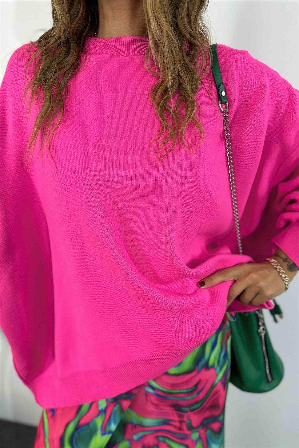 Balon Kol Oversize Triko Kadın Kazak Neon Pembe
