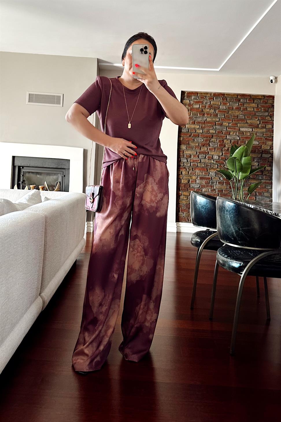 Batik Desenli Saten Palazzo Pantolon Mürdüm