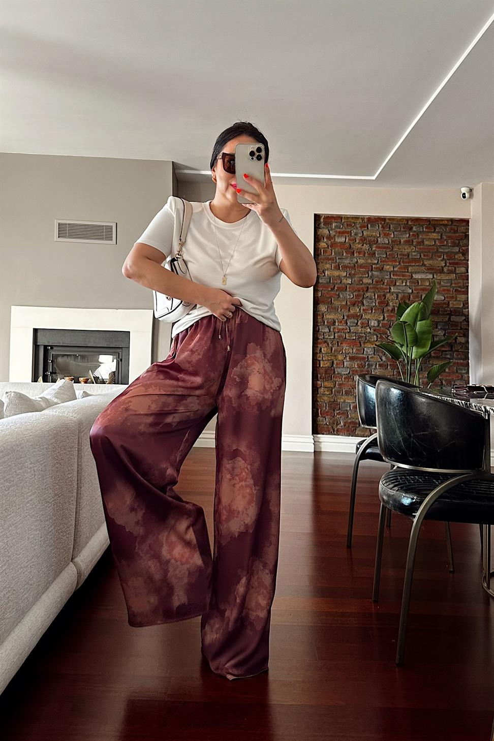 Batik Desenli Saten Palazzo Pantolon Mürdüm