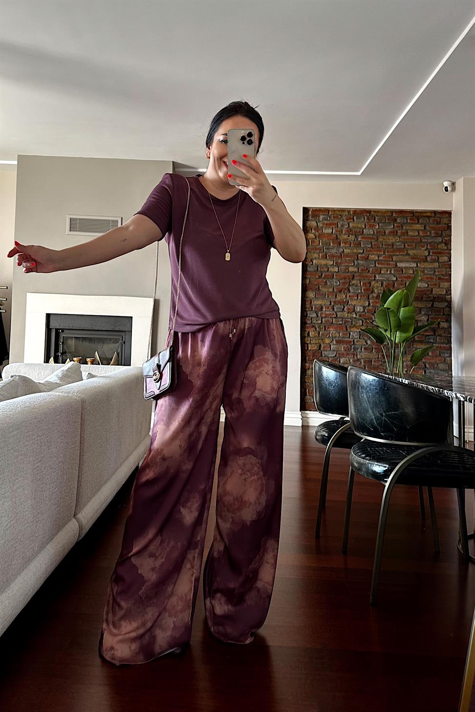 Batik Desenli Saten Palazzo Pantolon Mürdüm