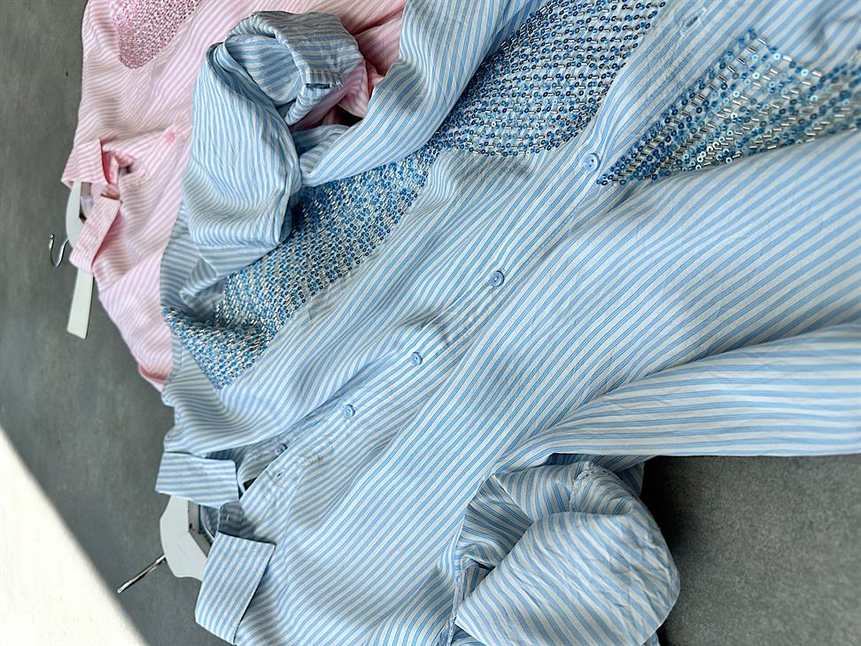 Bebe Mavi Boncuk İşlemeli Pera Oversize Gömlek