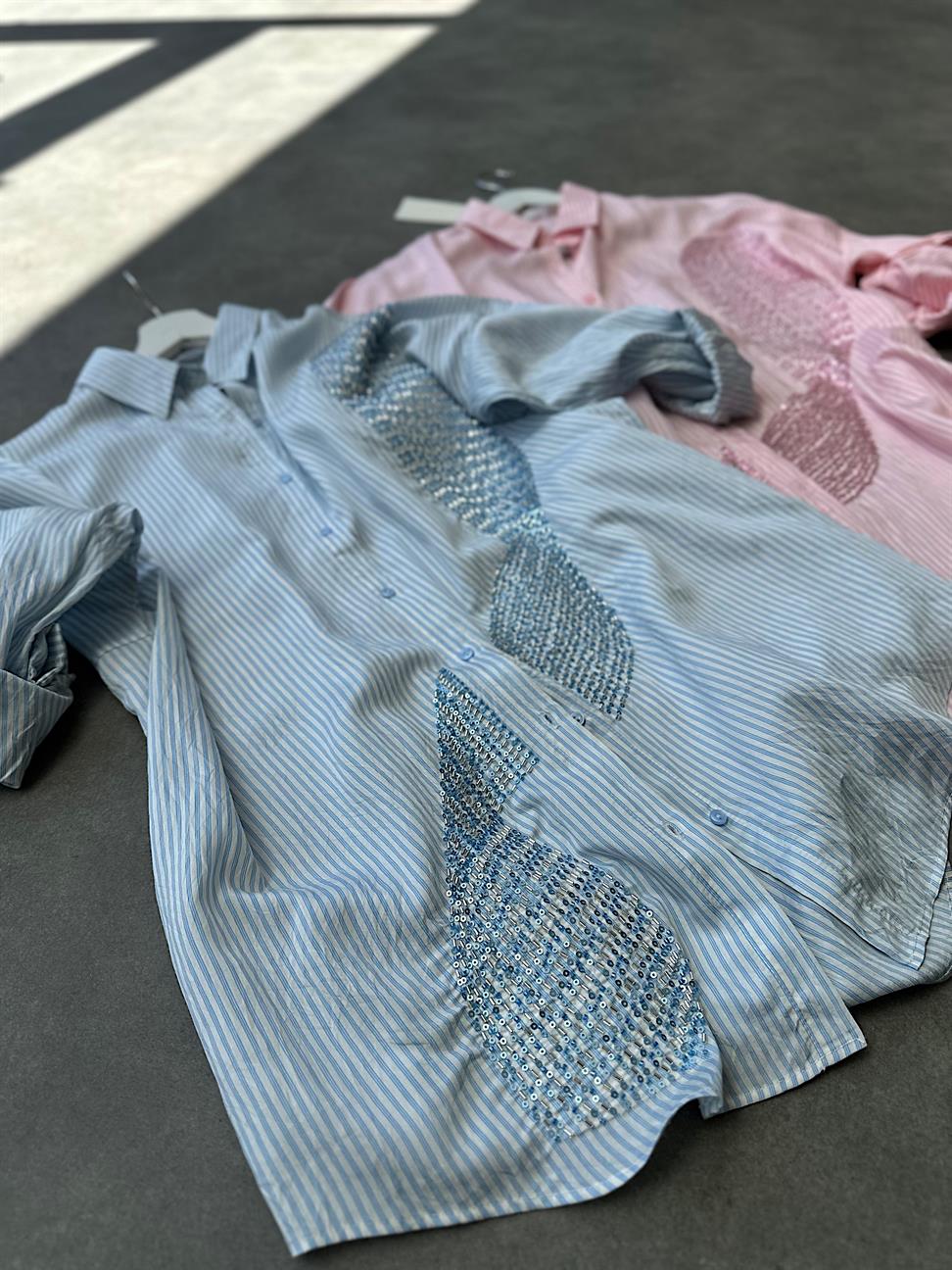 Bebe Mavi Boncuk İşlemeli Pera Oversize Gömlek