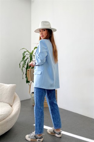 Bebe Mavisi İçi Yılan Desen Saten Astarlı Tasarım Blazer Ceket